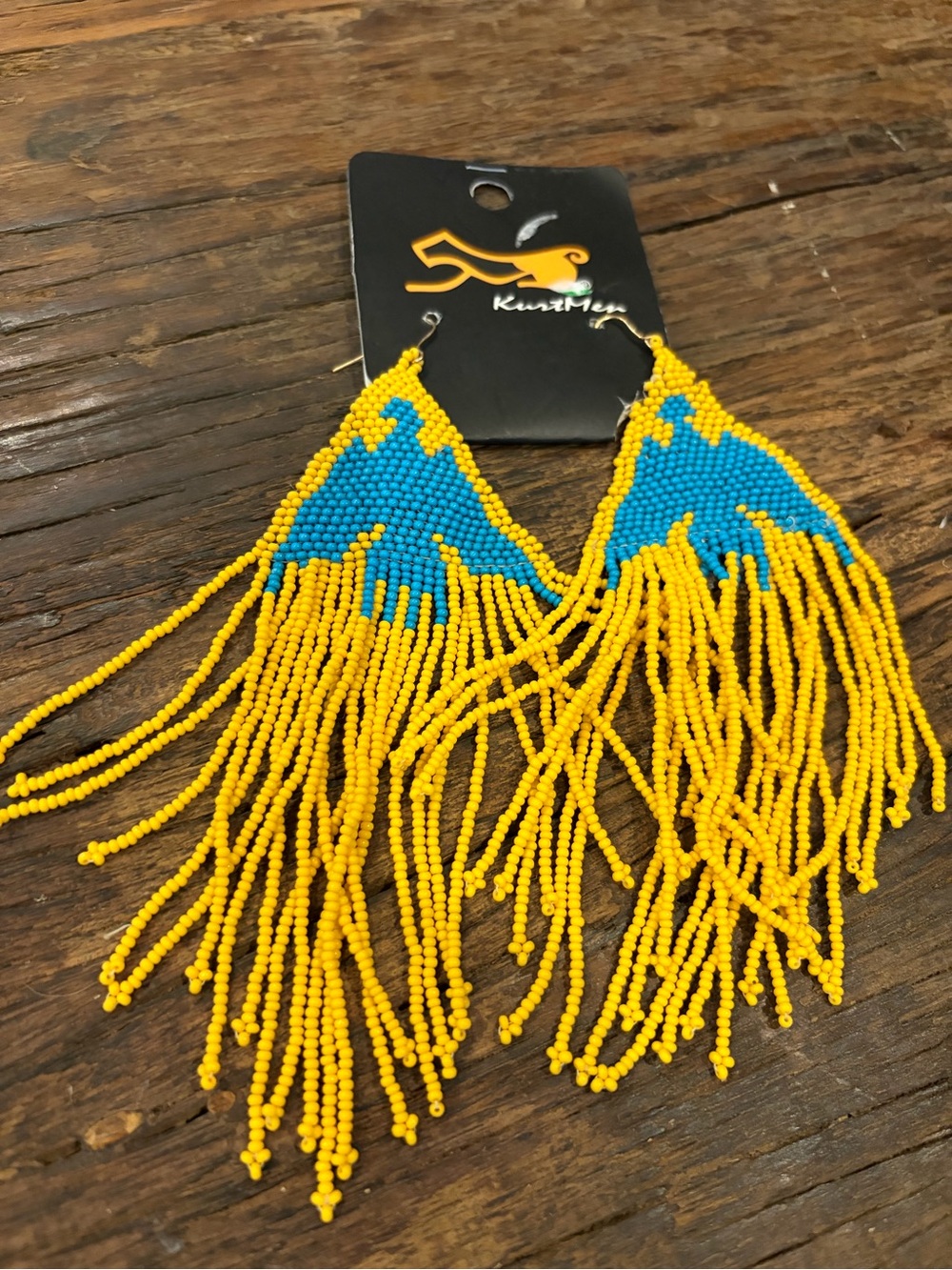 Kurt Men Beaded Fringe Thunderbird statement Earrings - Yellow & Turquoise